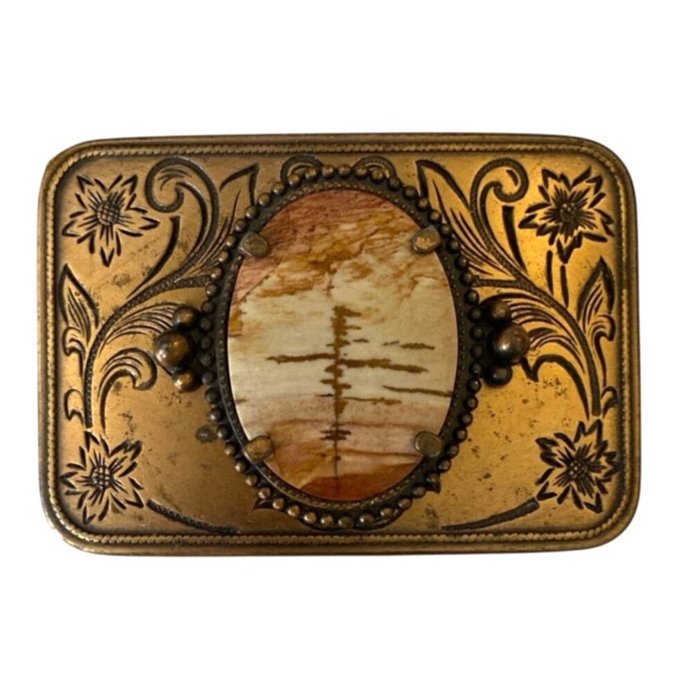 Vintage Engraved Brass Belt Buckle Picture Jasper Stone Cabochon Floral Western